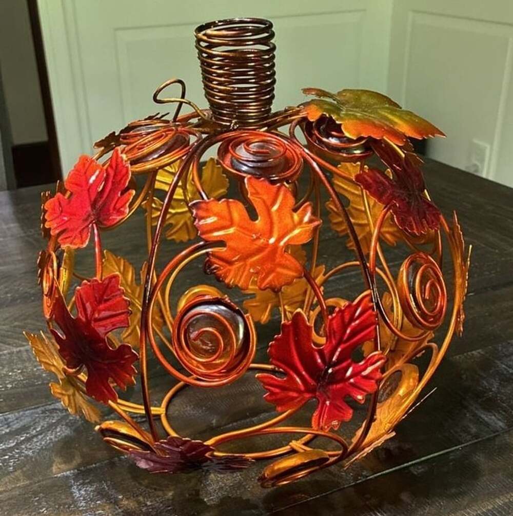 Metal Wire Pumpkin Candle Holder Autumn Decor 8 Inch Orange Red Leaves